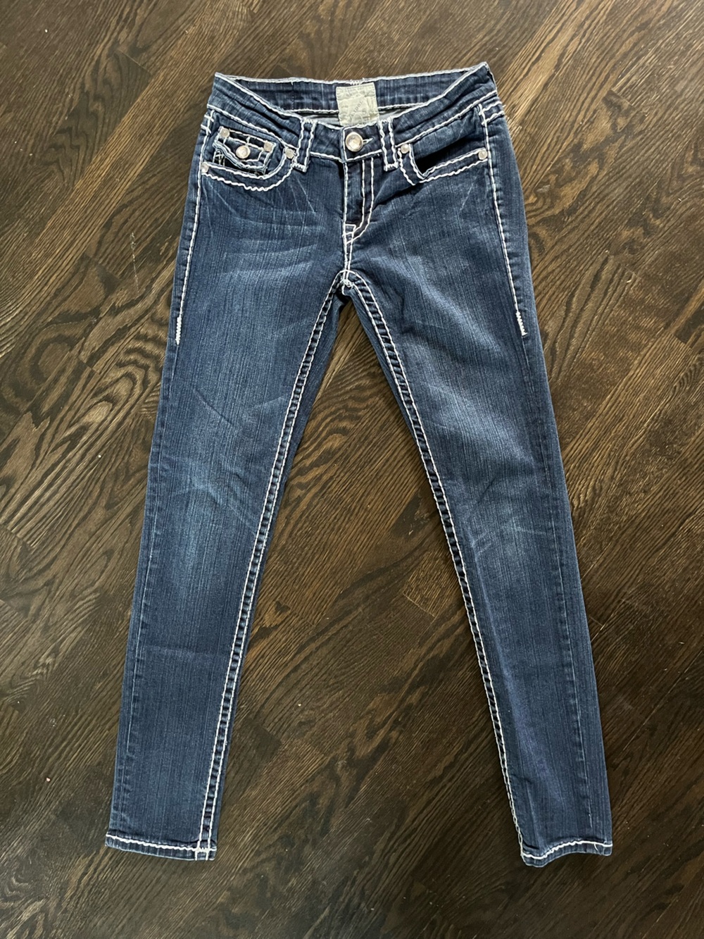 L.A. Idol Medium Blue Stretch Skinny Jeans White Stitching Jewel Buttons Size 5